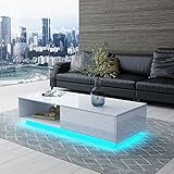 Senvoziii Couchtisch Modern Led mit Stauraum Hochglanz Wohnzimmertisch Kaffeetisch Rechteckiger Tisch für Wohnzimmer Büromöbel Weiß