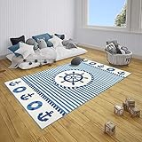 HANSE Home Teppich Kinderzimmer Kinderteppich Sail Away – Junge Mädchen Spielteppich Kurzflor Teppich Modern Maritim mit Steuerradmotiv, Weicher Flor, Pflegeleicht - Blau, 120x170cm