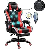 MACIUM Gaming Stuhl mit Bluetooth Lautsprechern, RGB LED Leuchten Musikvideo Massagesessel ergonomischem PU Leder verstellbarem verstellbarem rennendem Bürodrehstuhl für Erwachsene,Rot
