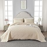 Qucover Tagesdecke Bettüberwurf 180x220cm Beige, Bedspreads aus Mikrofaser, Bettüberwuf Set mit 1 Kissenbezug 50x75cm, Steppdecke bei 3D-Ultraschal genäht, Sofaüberwurf Bettüberwurf Überwurfdecke