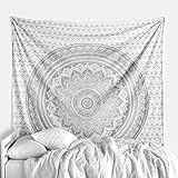 raajsee Indisch Wandteppich Mandala Weißsilber, Boho WandDeko, Aesthetic Room Décor, Wandtuch Mandala, Wandbehang Psychedelic 208 x 210 cms