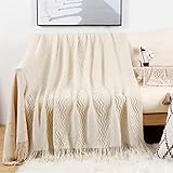 Hayisugal Sofadecke Wohndecke Boho Decke Weich Strick Wolldecke mit Quaste Kuscheldecke Sofadecke Couch Decke Überwurfdecke, Beige, 130 x 150cm