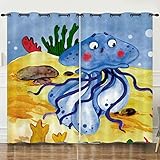 WILBB Ösen Für Verdunkelungsvorhänge Für Wohnzimmervorhänge Für Kinder Blau Cartoon Qualle Algen 234X230Cm 2-Teiliges Set Wärmeisolierende Vorhänge, Superweiche Gardinen, Fensterbehandlung, Verdunkel