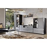 Lomadox Wohnzimmer Möbel Set grau modern mit Glasfronten und Beleuchtung, B/H/T: ca. 360/195/48 cm