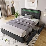SOFTWEARY Polsterbett mit Lattenrost und 2 Schubladen, 90x200 cm, Einzelbett mit höhenverstellbarem Kopfteil, inkl. LED-Beleuchtung, Bezug aus Leinen, Holzbett, Kinderbett, Jugendbett (grau)