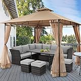 Sekey Gartenpavillon 3x3m Partyzelt mit 4 Netz, Hinterhof-Pavillon für Garten Hof Terrasse, Garten Doppeldach Stabil Wasserdicht 160g/㎡ Polyester, Taupe