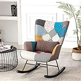 Schaukelstuhl Patchwork Sessel mit Metallgestell und Holzsockel Schwingsessel Relaxstuhl Retro Sessel Wohnzimmer Polstersessel Skandinavischer Schaukelsessel für Schlafzimmer Kinderzimmer Braun