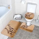 JAMCHE Zwei Giraffen-Badematten-Set, 3-teilig, rutschfeste Mikrofaser, weich, wasserabsorbierend, Badezimmerteppich & U-förmiger Konturteppich & WC-Deckelbezug für Badezimmer, Badewanne, Dusche