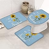 3 Teiliges Badteppich Set Blue Farm Sonnenblume Und Biene Du Bist Sonnenschein Waschbar Kontur Badteppich Anti-Rutsch Toilettensitzbezug Badematte