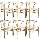 Yaheetech 6er Mittelalterlicher Stil Esszimmerstühle, Y-Stuhl Massivholz, Querlenkerstuhl Rattan Stuhl, bis 150KG belastbar, holzfarbe