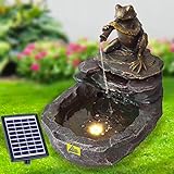 Solar Gartenbrunnen Brunnen Solarbrunnen Zierbrunnen Wasserfall Gartenleuchte Teichpumpe für Terrasse, Balkon, mit Pumpen-instant-Start-Funktion mit Liion-Akku & Led-Licht (DURSTIGER Frosch)