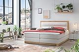 Belanoti Age Boxspringbett 160x200 Eiche 7-Zonen Taschenfederkern Matratze inkl Visco Topper Bett 160x200 in der Farbe Beige H2/H3 Polsterbett Hotelbett mit Massivholz Eiche Massivholzbett