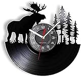 Runde Wanduhr für Büro, Schule, Zuhause, Küche, Wohnzimmer, 30 cm, Geweih-Wanduhr, Hirsch-Wanddekoration, Retro-Schallplatten-Wanduhr, Hirschgeweih, Wald, Elchkönig mit Kiefer, Jagd-Wanduhr, Jäger-Ges