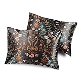 Sweet Jojo Designs Satin-Kissenbezug-Set für Haar und Haut, Schwarz und Orange, mit Blumenmuster, Standard-Queen-Size-Kissenbezug-Set für Bett, dekorativer Akzent, 2-teilig, weich, seidig, glänzend