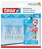 tesa Klebehaken für transparente Oberflächen und Glas - Durchsichtige, selbstklebende - Bis zu 1 kg Halteleistung pro Haken, 2-er Pack