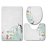 Weich Badematten & Badteppiche Set 3 teilig Mikrofaser rutschfest Badezimmerteppich,Nautisch verziertes Grenzdesign mit maritimen Elementen Tiere Leuch,Maschinenwaschbar Badvorleger und Toilettenmatte