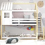 LINTAIZUO Baumhaus Kinderbett, Bett mit Ecktreppe, Hausbett, Kinderbett mit Fallschutz und Gitter, mit Fenster, Rahmen aus Kiefer, weiß+Natur (200x90cm),Woodcolor