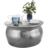 FineBuy Couchtisch 60x30,5x60cm Aluminium Silber Beistelltisch orientalisch rund | Flacher Hammerschlag Sofatisch Metall | Design Wohnzimmertisch modern | Loungetisch indisch Stubentisch klein