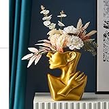 Kreativität Vasen Deko,Moderne Vase Gesicht Statue Schmuckständer Blumentopf Kunstverzierung Haus Dekoration Blumenvasen für Pampasgras Wohnzimmer Schlafzimmer (Gold)