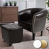 MIADOMODO® Chesterfield Sessel mit Hocker - aus Holz und Kunstleder, Kupfernieten, Farbwahl - Loungesessel inkl. Sitzhocker, Clubsessel, Armsessel, Cocktailsessel, Wohnzimmer Möbel (Braun)