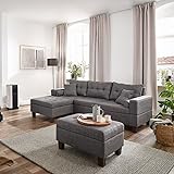 Home Deluxe - Sofagarnitur ROM - Farbe Grau - beidseitg montierbar - 242,6 cm x 154,3 cm x 90,8 cm - inkl. Hocker I Ecksofa Sofa Couch Wohnlandschaft