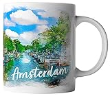 vanVerden Tasse - Hauptstadt Amsterdam Skyline Aquarell Niederlande - Grachten & Grachtenfahrt - durchgängig Bedruckt Städtetasse, Farbe:Weiß