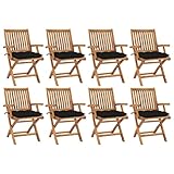 ZEYUAN Klappbare Gartenstühle mit Kissen, Gartenmöbel, Balkonstühle, Hochlehner, Balkonmöbel, Bistrostuhl, Garten Stühle, Armlehnenstuhl, 8 STK. Massivholz Teak