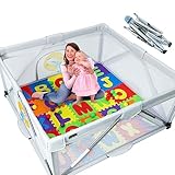 Laufstall Baby Faltbar, 150 * 180cm Laufstallr für Kinder, Baby Laufgitter mit Atmungsaktivem Netz und Reißverschluss, Tragbarer Laufstall für Drinnen und Draußen, Grau