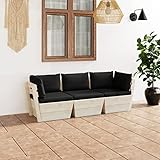 JUNZAI Garten-Palettensofa 3-Sitzer mit Kissen, Outdoor Sofa, Gartenlounge Outdoor, Balkon Sofa, Liegesofa, Outdoorsofa, Outdoor Couch, Gartenmöbel, Fichtenholz