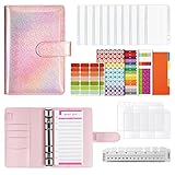 A6 Budget Binder, 6 Löcher Binder Planer Notizbuch mit Geldumschlägen, Budgettabelle, Kartenfächer, Farbindexseite, Aufkleber, Lineal etc, für Einsteiger- Pailletten Rosa