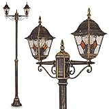 Außenleuchte Antibes, Kandelaber in antikem Look, Aluguß in Braun/Gold mit Klarglas-Scheiben, 2-armige Wegeleuchte 225 cm, 2 x E27-Fassung, Retro/Vintage Gartenlampe IP44, ohne Leuchtmittel