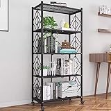 NUBAGG 5-stufiges, Faltbares, Zusammenklappbares Metallregal, Schwarz, Robustes Rollregal Mit Rollen, Eisenregal, Standregal, Organizer for Zuhause, Küche, Wohnzimmer