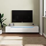 SUNXURY TV Schrank Weiss TV Lowboard Hängend mit LED-Leuchten, TV Schrank Hochglanz Weiß Griffloses Design 180 x 35 x 30 cm Holz Wohnzimmer