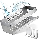 EDELZ® Bad Duschablage Duschkorb ohne Bohren – Shampoo Halterung für Dusche zum Kleben aus rostfreiem Edelstahl mit original 3M Klebepads, 2 beweglichen Haken, extra Rasiererhalter (Edelstahl-Silber)