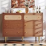 Seafly Schubladenkommode Kommode mit 6 Schubladen, Rattan Sideboard Highboard für Schlafzimmer & alle Wohnräume, Nussbaum -H90/B120/T40 cm