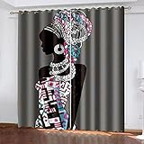 ARMOQ Blackout Vorhang für Kinderzimmer, graues Mädchen afrikanisch 80x160CM x 2 3D Digitaldruck, Vorhang, Blickdicht, perforierte Gardinen für Kinder Mustervorhang mit Ösen, 2er-Set Vorhänge Thermov