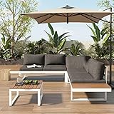 Merax Gartenmöbel Set 4-Personen, Lounge Sitzgruppe Outdoor mit Couchtisch, Stabiler Metallrahmen, Liegestuhl mit verstellbare Rückenlehne, für Garten Balkon und Terrasse, mit Leinen Kissen, Weiß