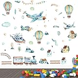 Wandaufkleber Flugzeug Wandtattoo Kinder Heißluftballon Zug Haus Häuser Wandsticker Kinderzimmer Babyzimmer Jungezimmer Mädchenzimmer Wanddeko