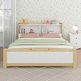 fangqi Massivholz Doppelbett Stauraum-Kopfteil Bett,140 x 200 cm Bettgestell mit Lattenrost Holzbett mit Kopfteil,Kinderbett Jugendbett Kiefer massiv Natürlich und Weiß (Ohne Matratze und Schubladen)