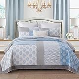 Y-PLWOMEN Quilts Queen-Size-Bettdecke, 100 % Baumwolle, leicht, weich, Queen-Size-Bettdecke, hellblau, grau, weiß, gesteppte Tagesdecke, Patchwork, Bettwäsche-Set für alle Jahreszeiten, 3-teilig