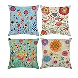 COWORK-UP 4er Set kissenbezüge 45x45cm Kissenbezug Bunte Blume Dekorative kissenhüllen für Schlafzimmer Wohnzimmer Büro Garten Sofa, Baumwolle Leinen Zierkissenbezug mit unsichtbarem Reißverschluß