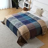 HOORDRY Chenille gewebte Tagesdecke,Doppelseitig Boho Decke mit Fransen,Doppelbett Bettdecke,Edele und kuschelig weiche TV-Decke Couchdecke Sesseldecke Wendedecke bettüberwurf,220x260CM,Lila/Blau