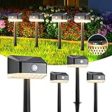 Linkind Solar Gartenlampen mit Bewegungsmelder, 3000K Warmweiß LED Solar Zaunleuchten, IP65 Wasserdicht, 2 in 1 Montage, Auto Ein/Aus 3 Leuchtmodi Außen Wegbeleuchtung, 4 Stück