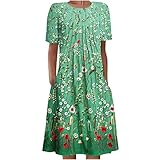 Komiseup Sommerkleid Damen Knielang Leicht Elegant Rundhals Sommerkleider Freizeitkleid Locker Sommer Kurzarm Boho Kleid Falten Midikleid Frauen Vintage Blumen Drucken Strandkleid mit Tasche