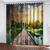 3D Sonnenuntergang Holzbrücke Seeblick Muster Schallschutz Vorhang 2Er Set Ösen Für Schlafzimmer Kinderzimmer, Gardinen Wohnzimmer Modern, Thermo Vorhänge Blickdicht Fensterdekoration 220X214cm (B