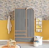 BioKinder Kleiderschrank Kinderkleiderschrank 2-türig Lina aus zertifizierten Bio-Massivholz Erle und Kiefer Grau lasiert H 190 x L 110 x T 55 cm