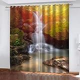 BONDIJ Verdunklungsgardinen Wohnzimmer 2 Stücke 232X236cm(HxB) 3D Sonnenschein-Wald-Wasserfall Muster Blickdicht Vorhang Schlafzimmer Kinderzimmer Küche Thermogardine Schallschutz Ösenvorhang