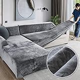 LoveHouse Velvet Plüsch Schonbezug Sofa, Stretch Sofa Überwurf Sofabezug Weich Dick Sofahusse Für L-Form Schnittcouch,1 2 3 4 Sitzer (grau, L Form 3 Sitzer+4 Sitzer)…