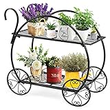 KOMFOTTEU Blumenständer Metall, Pflanzwagen Blumenwagen mit 4 Räder, Pflanzenständer mit 2 Griffe, Blumentreppe & Pflanztreppe für Wohnzimmer, Balkon, Terrasse, Schwarz