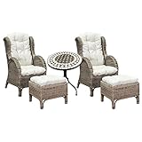 Luxus Rattan Set 2 Stück Relaxsessel Korbsessel Rattansessel mit Hocker Ohrensessel mit Fußhocker aus Rattan, inkl. Polster in beige und 1 Stück Mosaiktisch